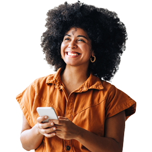 Woman with phone excited that her MHVFCU loan has no pre-payment penalty